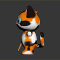 Cute Cartoon Cat With Orange White Brown Fur Colorful Eyes Holding Paintbrush On Dark Background