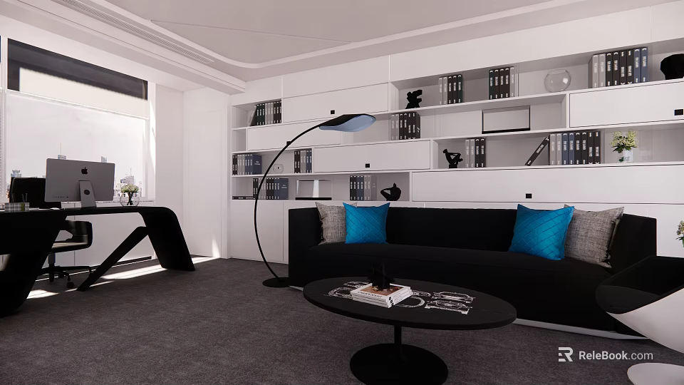 Modern Office Interior With Black Sofa Blue Cushions Floor Lamp And Bookshelves 3d model 