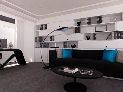 Modern Office Interior With Black Sofa Blue Cushions Floor Lamp And Bookshelves 3d model