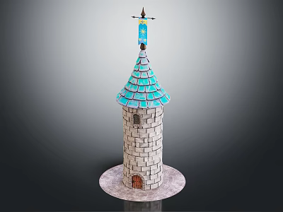 Stone Tower With Blue Pointed Roof Tiles Decorative Top And Base Door Structure 3d model