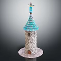 Stone Tower With Blue Pointed Roof Tiles Decorative Top And Base Door Structure