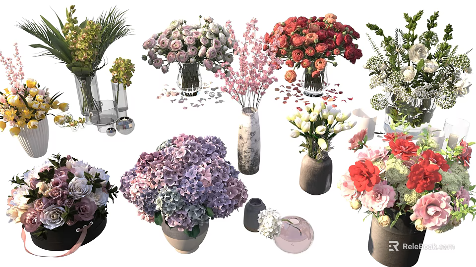 Beautiful Vase and Flower Arrangements With Roses Hydrangeas Tulips and Ceramic Glass Vases 3d model 