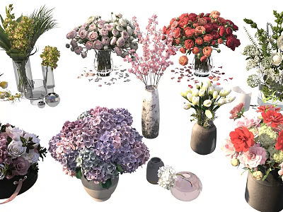 Beautiful Vase and Flower Arrangements With Roses Hydrangeas Tulips and Ceramic Glass Vases 3d model