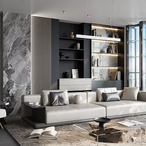 Modern Living Room Sofa Combination Side Table Carpet Bookcase 3d model
