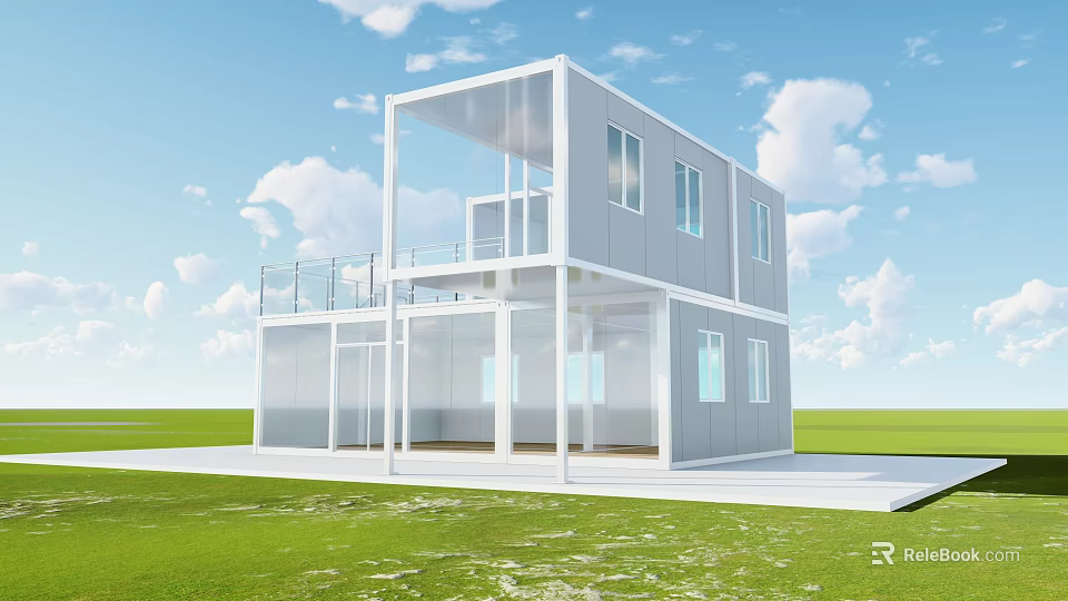 Modern Two Story Container Building With Glass Windows And Green Lawn Design 3d model 
