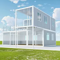 Modern Two Story Container Building With Glass Windows And Green Lawn Design