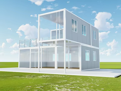 Modern Two Story Container Building With Glass Windows And Green Lawn Design 3d model