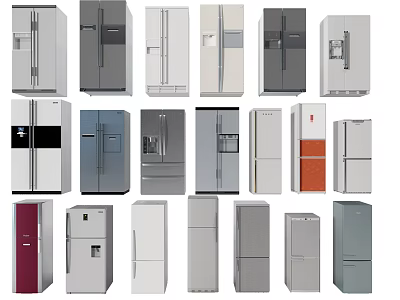 Various Styles Of Modern Refrigerators And Freezers In Different Colors 3d model