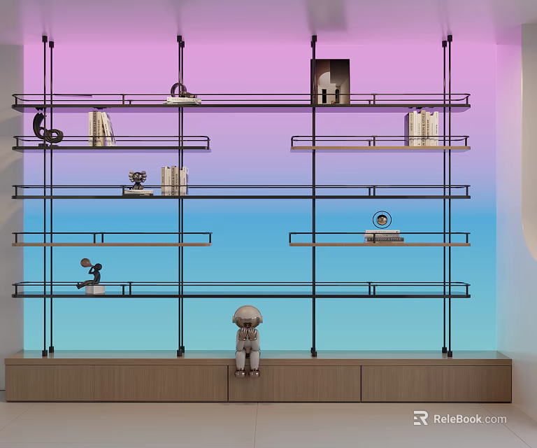 Layered Bookshelf with Gradient Purple Blue Backdrop Books Decorative Items Wooden Base and Small Figurine 3d model 