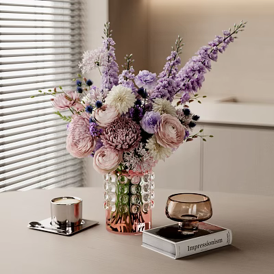 Decorative Ornament Set with Flower Bouquet Crystal Vase Candle Glass Cup Tabletop Home Decor 3d model