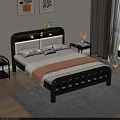 Modern Double Bed With Black and White Headboard Wooden Frame Nightstand and Decorative Wall Art Items