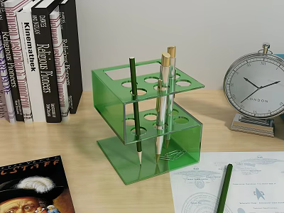 Green Transparent Pen Holder With Multiple Pens On Desk Near Books And Alarm Clock 3d model