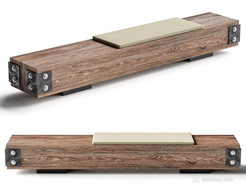Long Wooden Stool With Cushioned Top Metal Fasteners And Black Base 3d model 