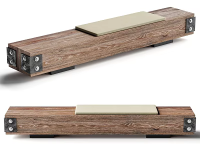 Long Wooden Stool With Cushioned Top Metal Fasteners And Black Base 3d model