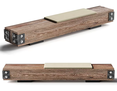 Long Wooden Stool With Cushioned Top Metal Fasteners And Black Base 3d model