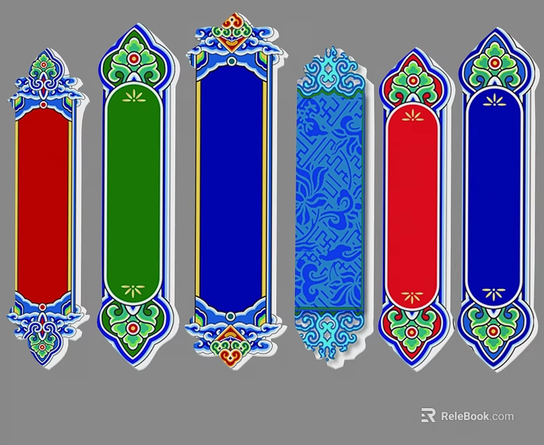 Vibrant Decorative Hinged Doors Featuring Red Green Blue Panels And Intricate Patterns 3d model 
