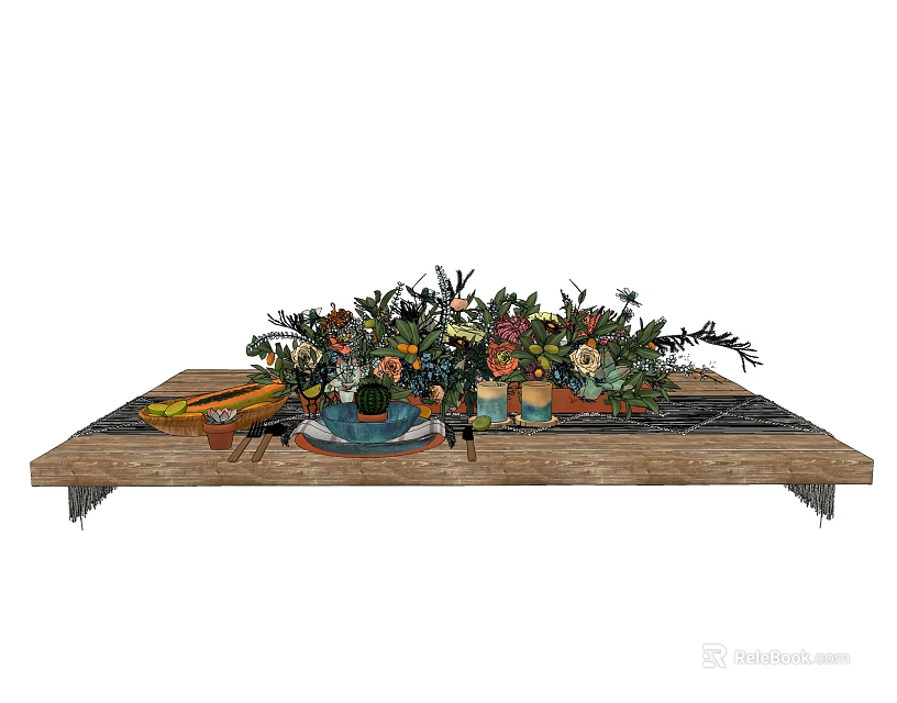 Colorful Dinnerware Set on Wooden Tray with Fresh Flowers and Decorative Items 3d model 