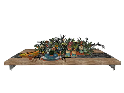 Colorful Dinnerware Set on Wooden Tray with Fresh Flowers and Decorative Items 3d model