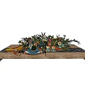 Colorful Dinnerware Set on Wooden Tray with Fresh Flowers and Decorative Items