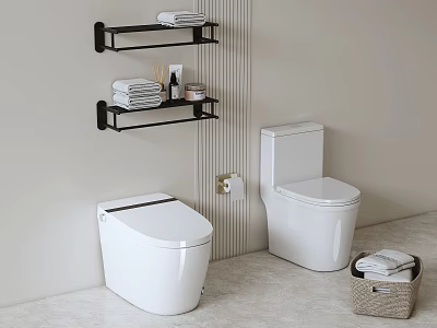 Modern Minimalist Bathroom With Two White Toilets Black Shelves Towels And Wicker Basket 3d model
