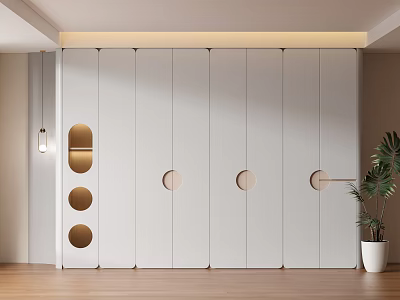 Modern White Wardrobe Interior With Circular Decorations Wooden Floor And Plant 3d model