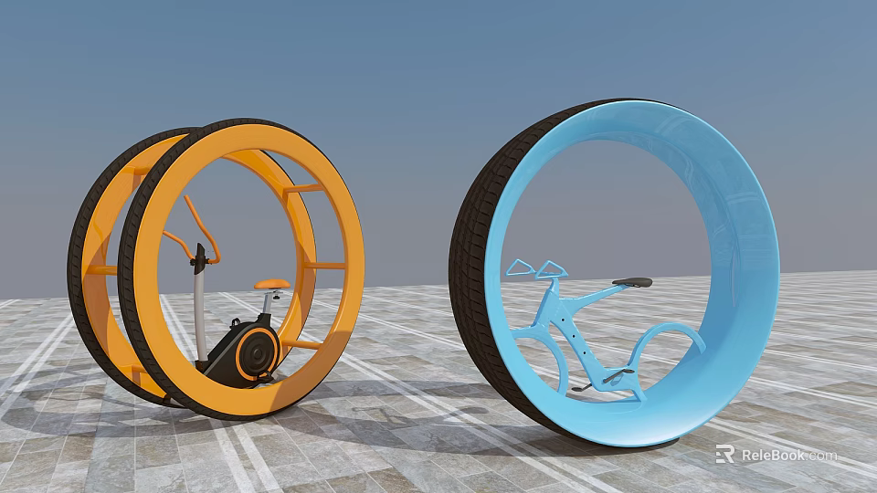 Large Circular Sports Equipment With Orange And Blue Fitness Wheels And Bicycle Structure 3d model 