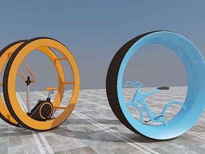 Large Circular Sports Equipment With Orange And Blue Fitness Wheels And Bicycle Structure 3d model