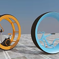 Large Circular Sports Equipment With Orange And Blue Fitness Wheels And Bicycle Structure