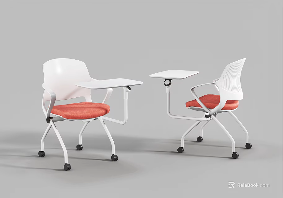 Ergonomic Modern Office Chairs With Orange Cushions White Backrests Foldable Desk Attachments And Wheeled Base 3d model 