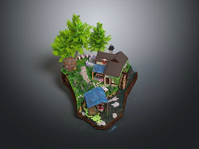 Cartoon Scenic Island With Small House Green Trees Stone Path And Blue Roof Pavilion 3d model