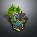 Cartoon Scenic Island With Small House Green Trees Stone Path And Blue Roof Pavilion
