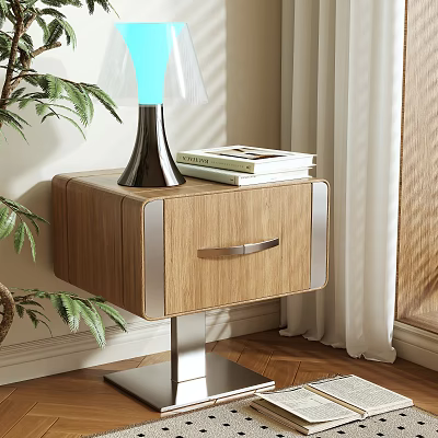 Wooden Nightstand with Drawer Metal Handle Legs Books and Lamp on Top 3d model