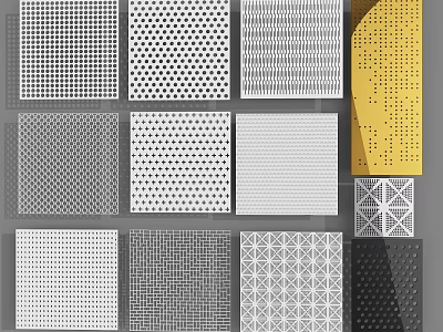Various Decorative Perforated Panel Designs With Geometric Patterns And Black White Yellow Gray Colors 3d model