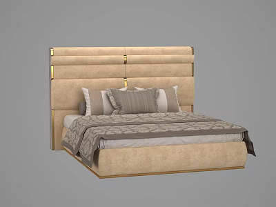 Modern Double Bed With Beige Headboard Gold Accents And Patterned Bedspread 3d model