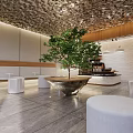 Modern Cafe Interior With Open Space Large Green Tree Counter And Seating Area