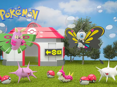Vibrant Pokémon Cartoon Scene With Red White House Grass Field Poké Balls And Butterflies 3d model
