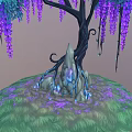 Cartoon Scene With Turquoise Leaf Tree Purple Hanging Flowers And Colorful Ground