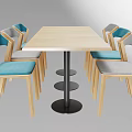 Light Wood Rectangular Dining Table Set With Black Base And Blue Gray Cushioned Chairs 3d model