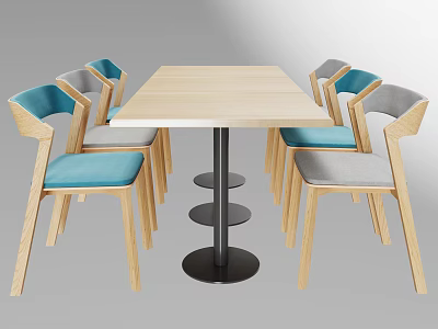 Light Wood Rectangular Dining Table Set With Black Base And Blue Gray Cushioned Chairs 3d model