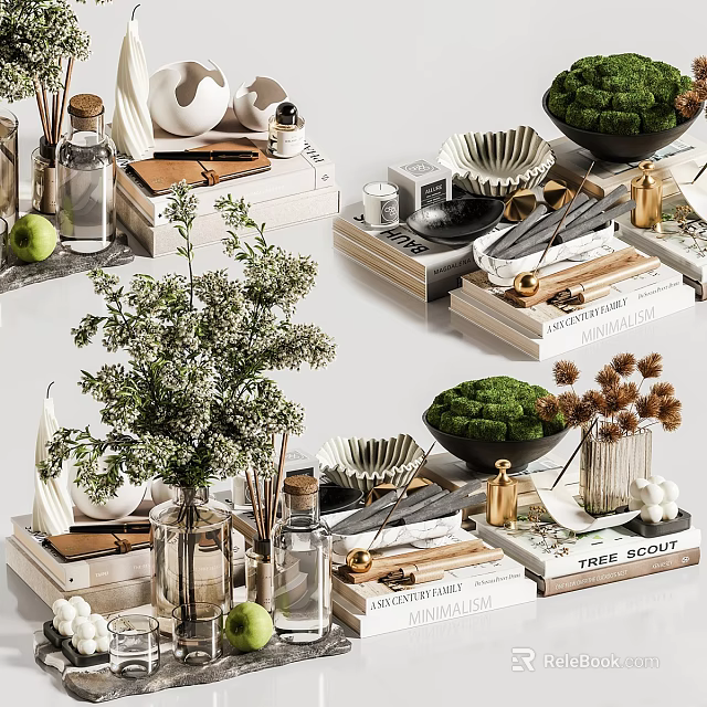 Minimalist Daily Living Essentials With Green Plants Vases Books Jars And Natural Elements Arranged 3d model 
