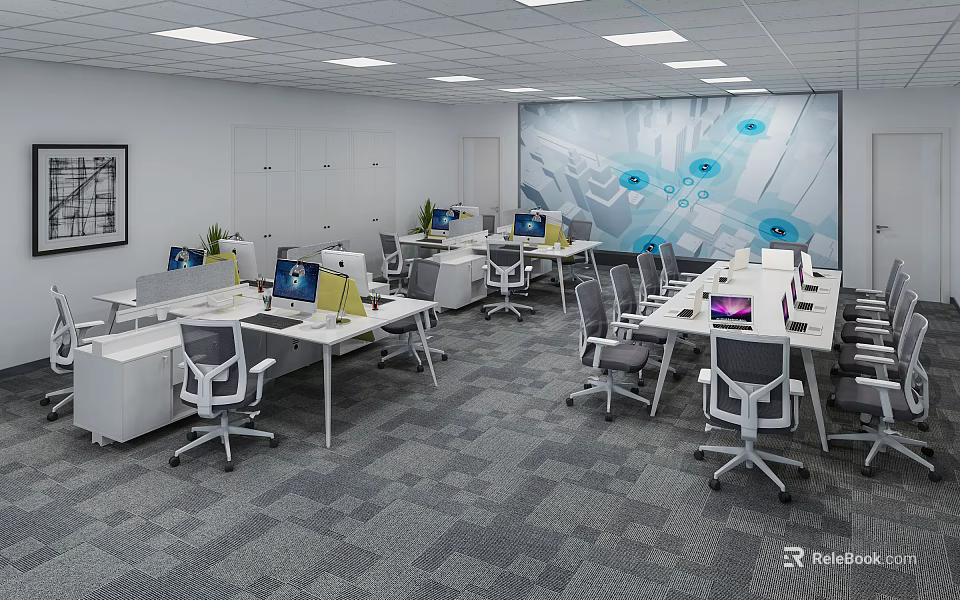 Public Office Space With Modern Desks Computers Ergonomic Chairs And Tech Themed Wall 3d model 