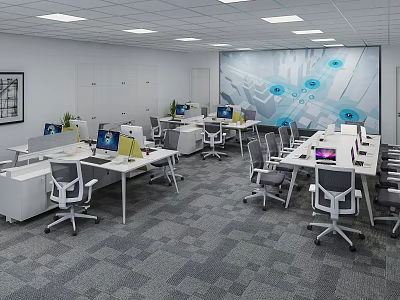 Public Office Space With Modern Desks Computers Ergonomic Chairs And Tech Themed Wall 3d model