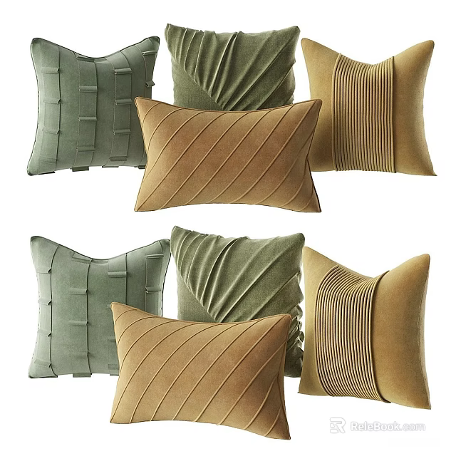 Stylish Textured Throw Pillows In Green And Brown Velvet With Striped Patterns 3d model 