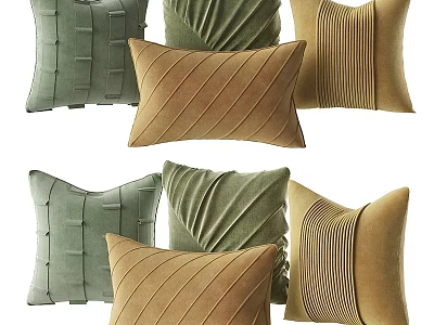 Stylish Textured Throw Pillows In Green And Brown Velvet With Striped Patterns 3d model