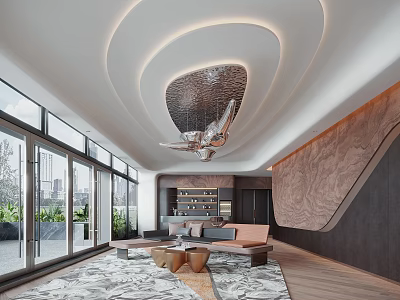 Modern Living Room Interior Design With Unique Ceiling Large Windows And Cozy Sofa 3d model