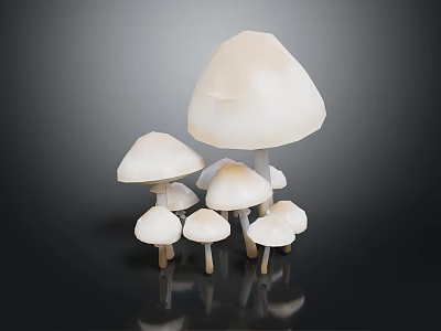 Group of White Mushrooms in Various Sizes on Black Background with Reflections 3d model