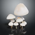 Group of White Mushrooms in Various Sizes on Black Background with Reflections