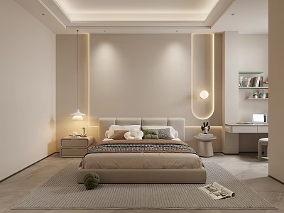 Modern Bedroom Interior With Upholstered Bed Nightstand Pendant Light And Area Rug 3d model