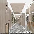 Elegant Hotel Corridor With Traditional Wooden Ceiling Decorative Columns And Potted Plants