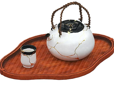 Elegant White Tea Set with Gold Cracks Woven Handle and Small Cup on Brown Tray 3d model